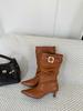Retro pointed pile boots women's new brown stiletto belt buckle mid boots