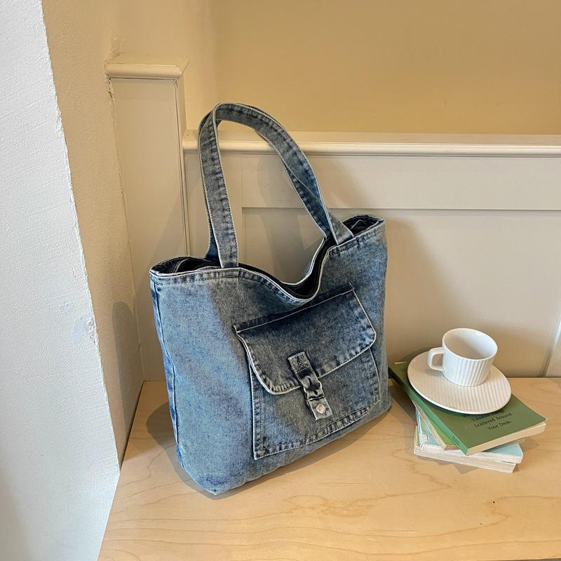 Casual Denim Tote Bag for Women Large Capacity Shoulder Handbag with Front Pocket