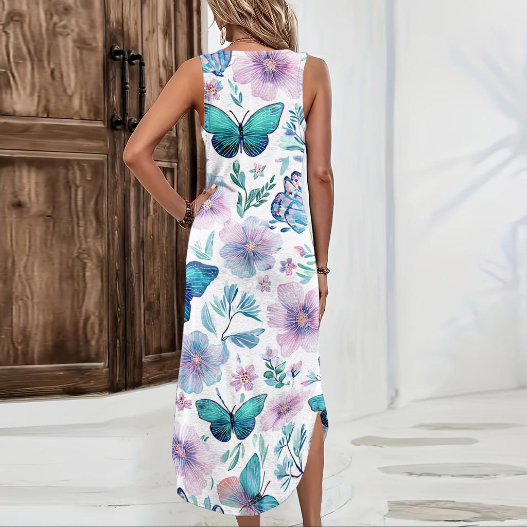 Rochie lungă casual pentru femei, croială largă, fără mâneci, cu imprimeu floral, fantă laterală, rochie de vară pentru plajă, ușoară, confortabilă, rochie de soare