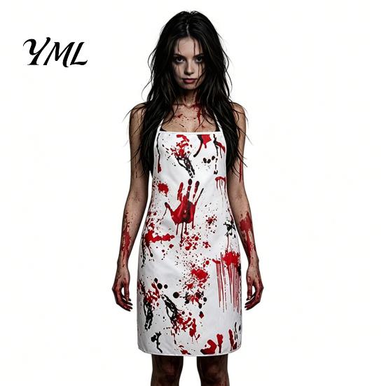 Scary Halloween Costume for Women Blood Print Women, Apron, Hooded Detailed Palm Outfit Cloak, Stockings Outfits Cosplay Parties, Haunted House Events