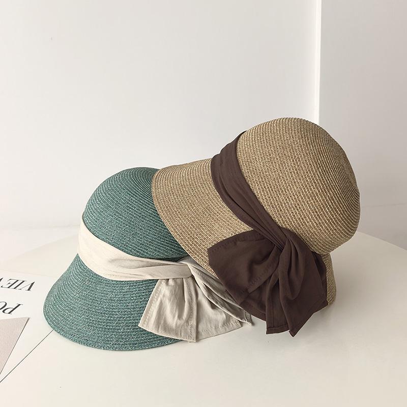 Elegant Pleated Large Double Bow Thin Straw Bucket Hat Women's Summer Beach Straw Hat Travel Visor