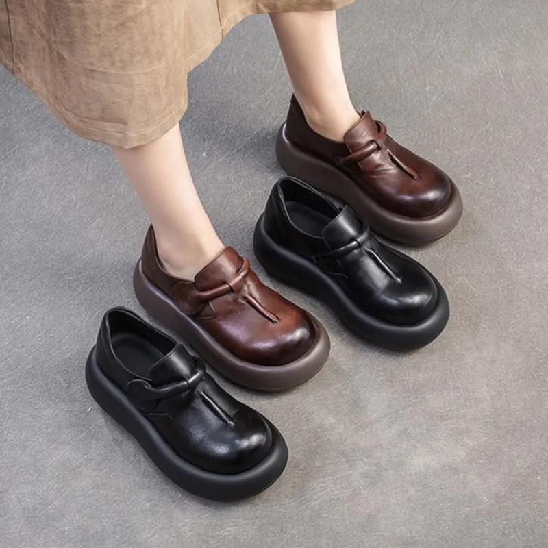 Fashion Summer New Retro Thick Soled Genuine Leather Flats Loafer Simple And Comfortable Casual Commuter Women's Outdoor Walking  Shoes