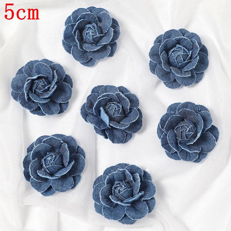 3/5Pcs 3.5/4.5/5/7/7.5CM Denim Artificial Blue Fabric Camellia Flower for Wedding Decor Women Handmade Cloth Corsage Accessory