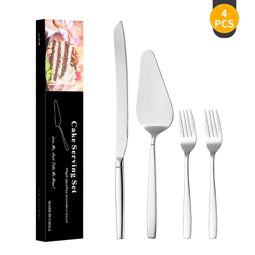4Pcs Cake Server Cutlery Set Stainless Steel Cake Knife Fork Spatula Set Cheese Knife Pie Pizza Spatula Dessert Fork Flatware