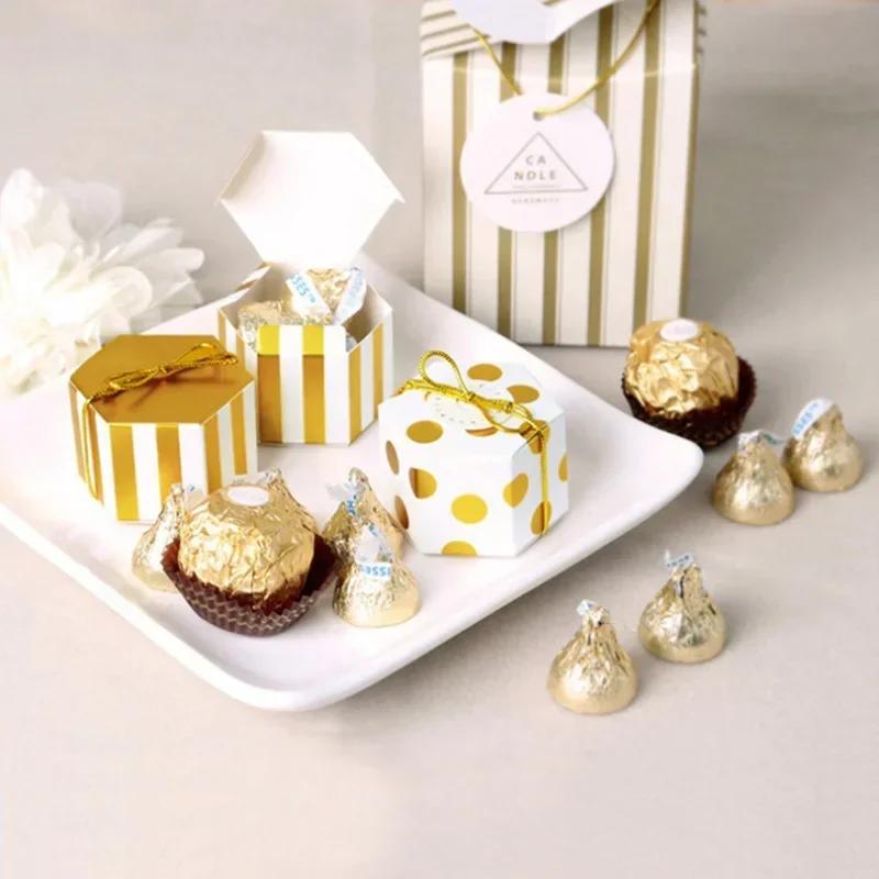 50pcs Mini Gold Round Dot Striped Hexagonal Candy Box for Wedding Birthday Party Decoration Favor Gift Souvenirs Packaging