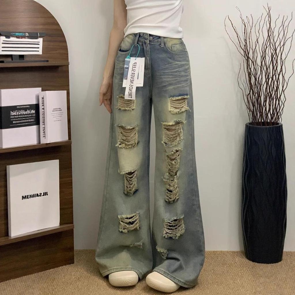 High Waist Retro Ripped Jeans for Women - Loose Slimming Straight Leg, Wide-Leg, Floor-Length Pants