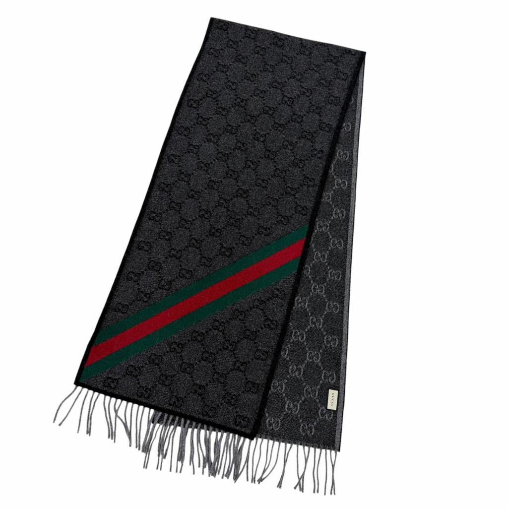 Great GUCCI Scarf GG Logo All-over Print Web Stripe Gray Wool 570603 Used