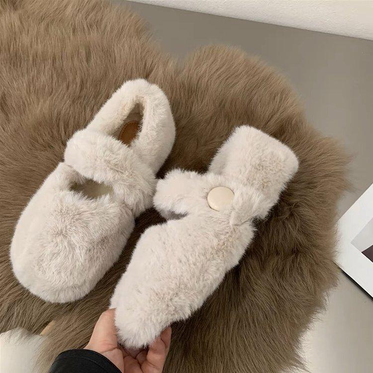White Mary Jane Fluffy Shoes for Women's Winter Wear 2024 New Winter Velvet Soft-soled One-pedal Doudou Cotton Shoes
