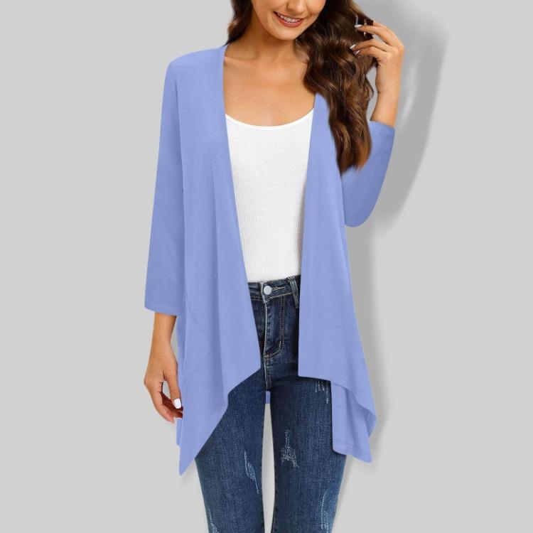Gradient Print Women's Cardigan Jacket With Pocket Irregular Three Quarter Sleeve