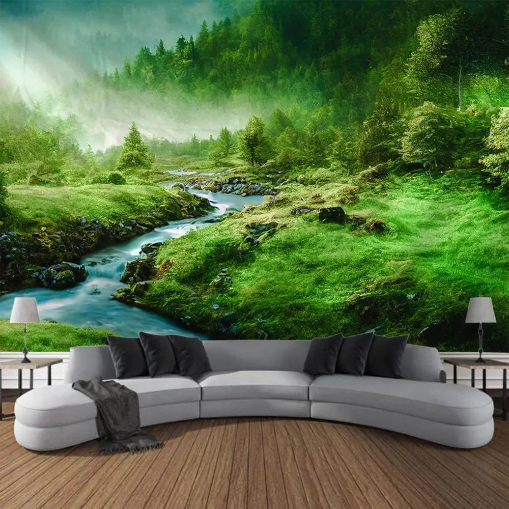 Large 3D Printed Tapestry Green Forest Landscape Wall Hanging Cloth Hippie Bohemian Home Art Decoration Living Room Wall Decor