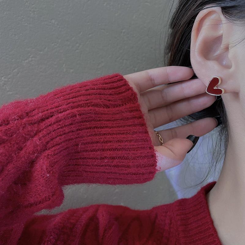 Korean 925 Silver Needle Burgundy Heart Stud Earrings Women's Irregular Small Oil Drop Earrings Ears