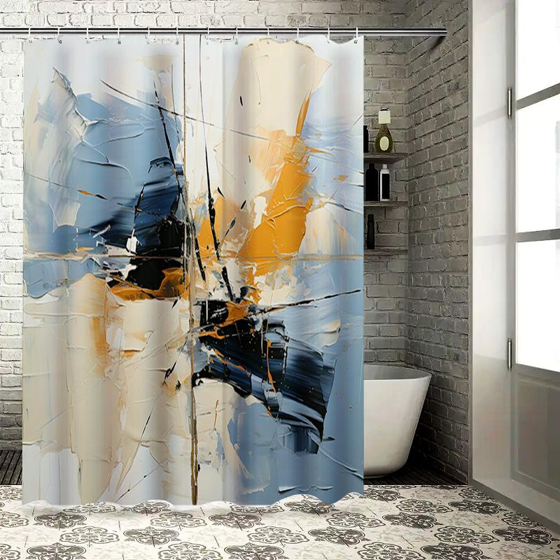 

Abstract Art Print Shower Curtain Cream Blue White Black Gold Decorative Bathroom Window Fabric Panel For Home Living Room Or Be W60H190(CM)-1 Pcs