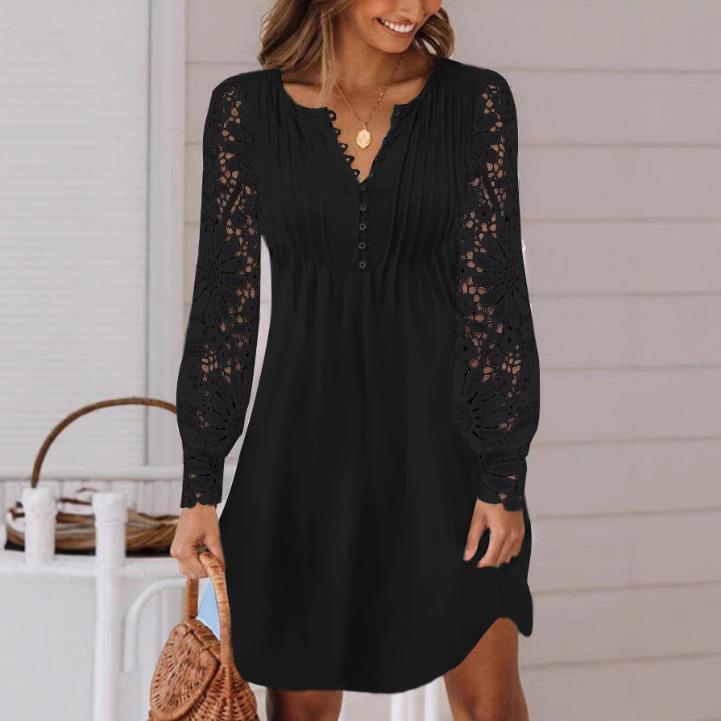 Women V Neck Long Sleeve Lace Panel Mini Dress Casual A Line Shift Dress