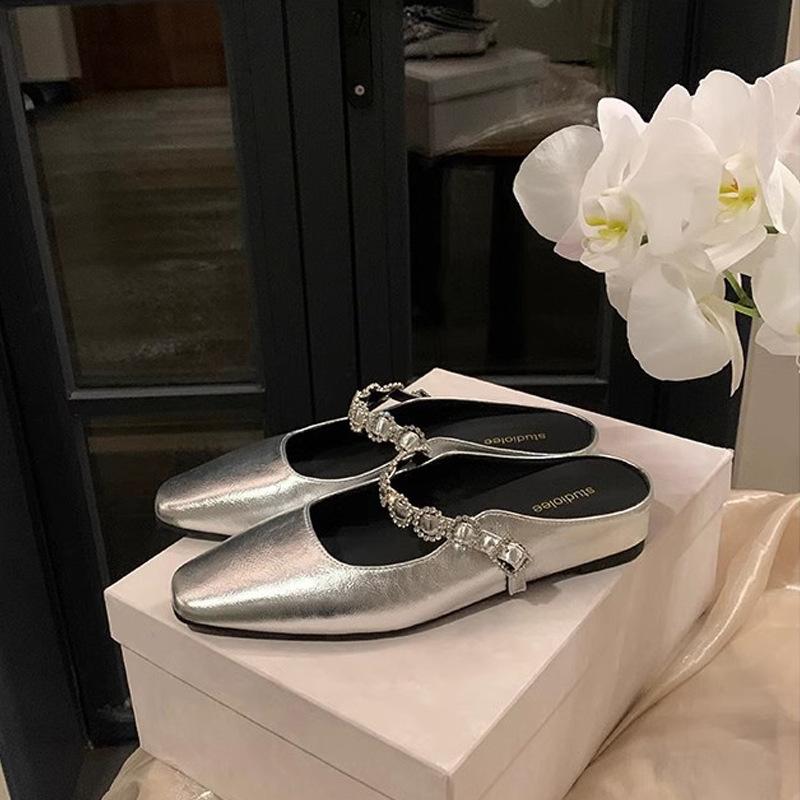 

Grape mother, the same 4cm inner height increase French square head with light mouth versatile Muller half slippers women s summer sandals 34 серебряный