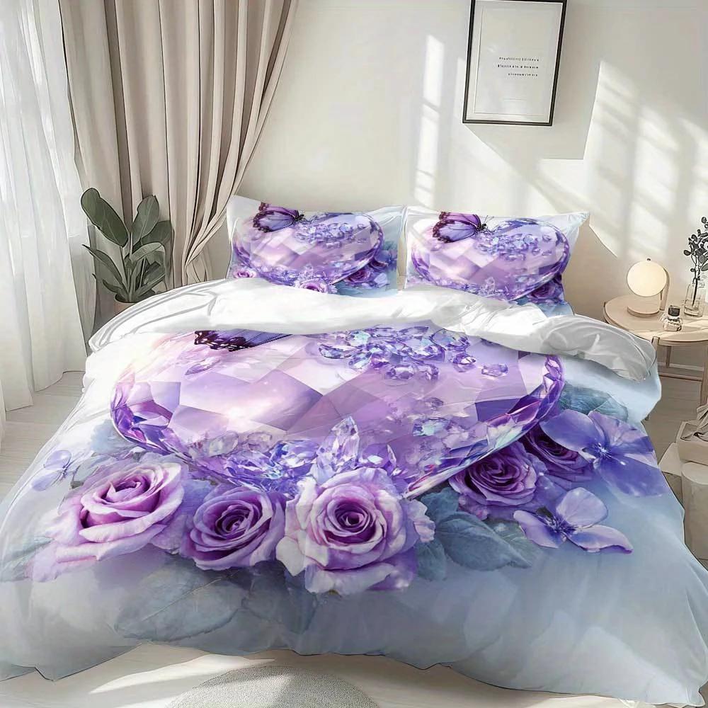 Latacaca 3pcs Purple Crystal Rose Bedding Set - 1 Duvet Cover + 2 Pillowcases, Contemporary Sparkling Purple Roses & Butterflies