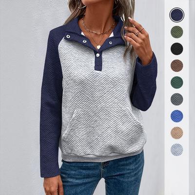 2025 Women's Color Block Polo Neck Sweatshirt Casual Minimalist Style Long Sleeve Pullover Hot Sale for Europe America