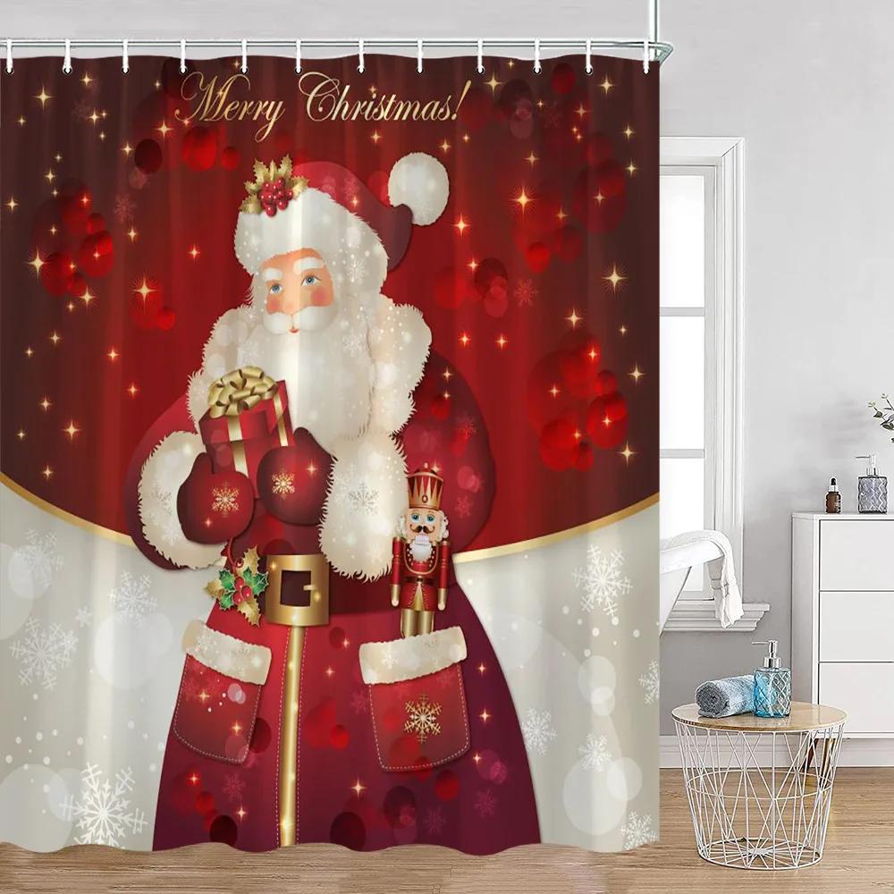 Santa Claus Christmas Red Shower Curtain Happy New Year Gifts Deer Bathroom Decor Winter Holiday Polyester Fabric Bath Curtain