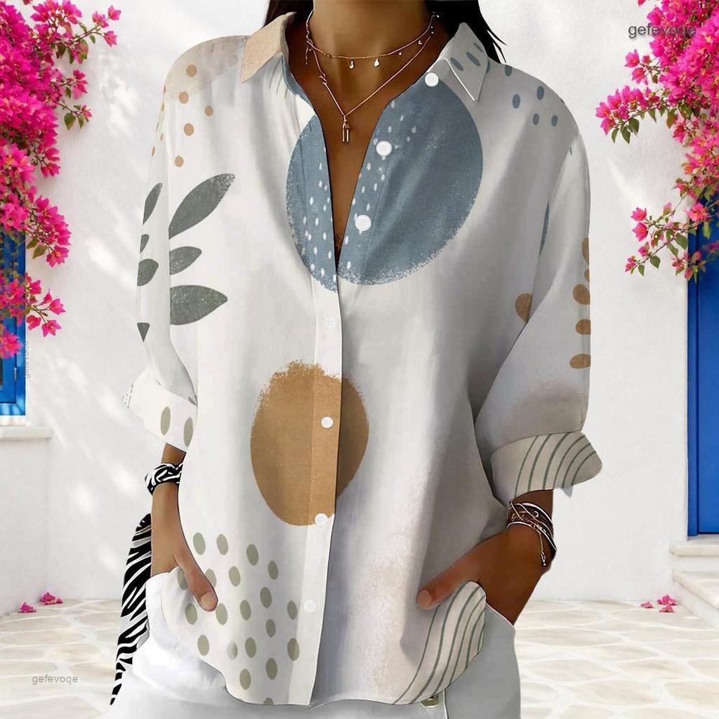 Women Plus Size Long Sleeve Collared Button Front Abstract Geometric Leaf Print Earth Tone Shirt