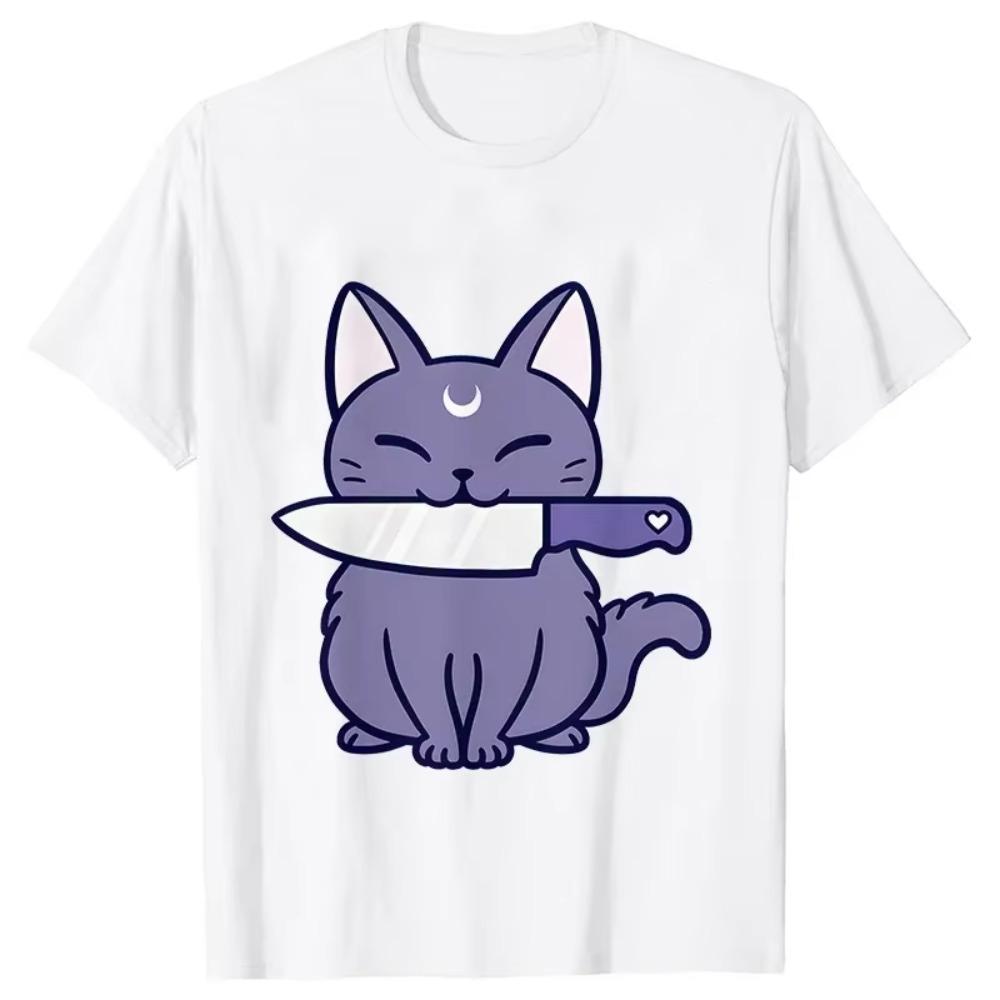 Gruseliges Messer Kätzchen T-Shirt für Männer Halloween Party T-Shirts Gruselige Saison Grafik Kurzarm T-Shirts Mode Lässige Oberteile