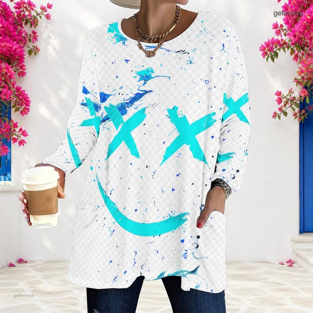 Women Plus Size Round Neck Printed Long Sleeve T Shirt Blue Brown Loose Fit Longline With Pockets