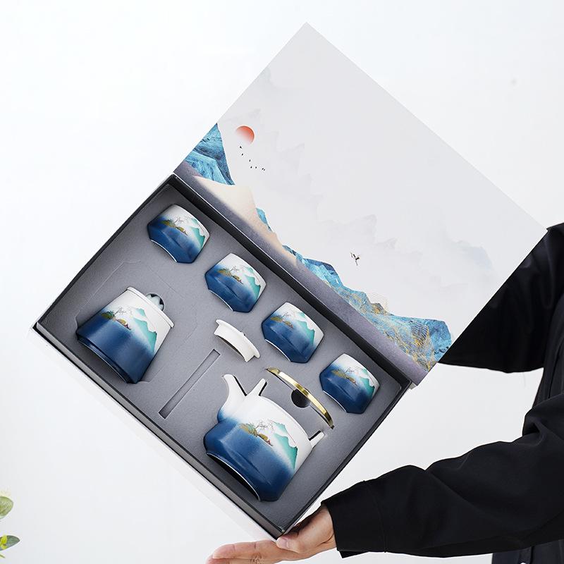 Japanese Mountain Landscape Kung Fu Tea Set: Teapot, 4 Cups, and Tea Caddy – Perfect for Company Gifts Landscape Distant Mountain Tea Set Gift Packaging