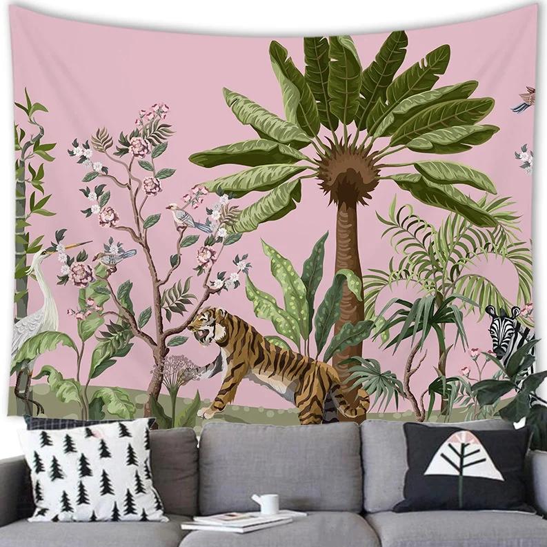 Home Decor Floral Tropical Jungle Fauna and Plant Leaves Tree Retro Style Tapestry Wall Hanging Room Poster Background Fabric
