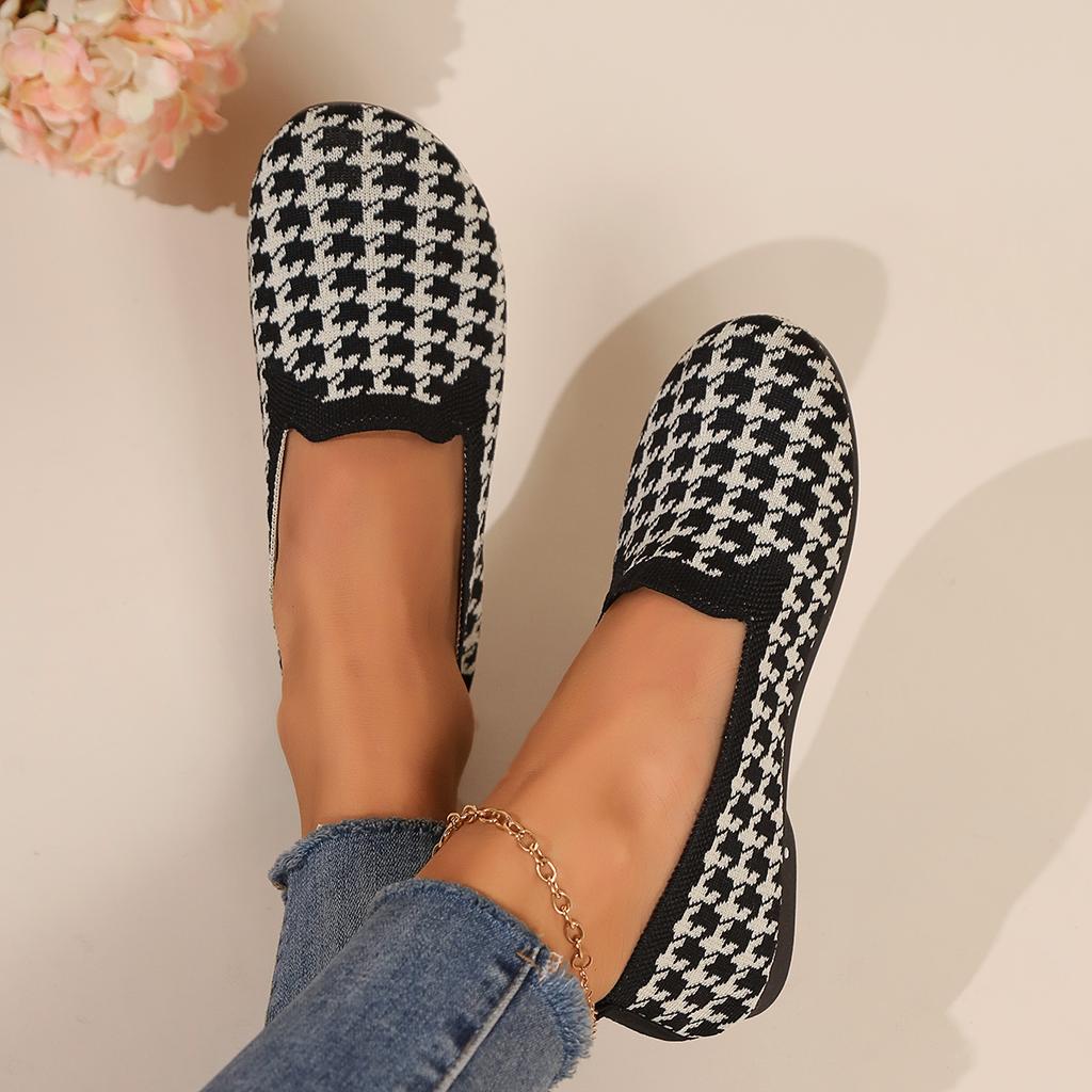 Women Flats 2024 New Round Toe Flat Shoes for Women Plus Size Shallow Sneakers Women Knitting Plaid Print Walking Loafers Shoes