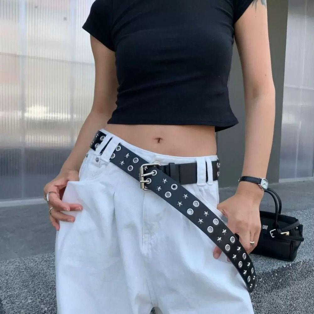 PU Leather Double Row Buckle Waistband Metal Y2K Belt Cool Men Belt  Female