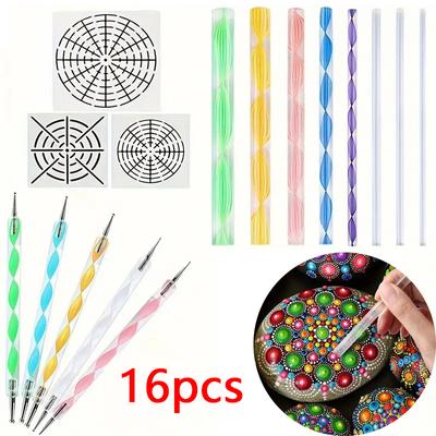 16 ADET Mandala Noktalama Aracı Seti Kaya Boyama Mandala Sanatı ve Seramik Çömlekçilik El Sanatları Noktalama Aracı Akrilik Çubuklar Şablonları