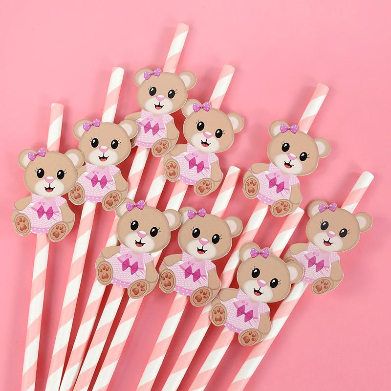 20Pcs Teddy Bear Paper Straws Cute Brown Pink Bear Disposable Drinking Straw Kids Birthday Baby Shower Party Decoration Supplies