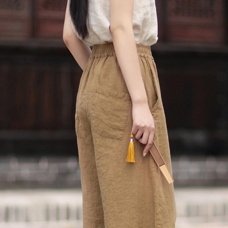 Johnature Women Vintage Pants Summer Chinese Style Solid Color Loose Elastic Waist Trousers Soft Pants