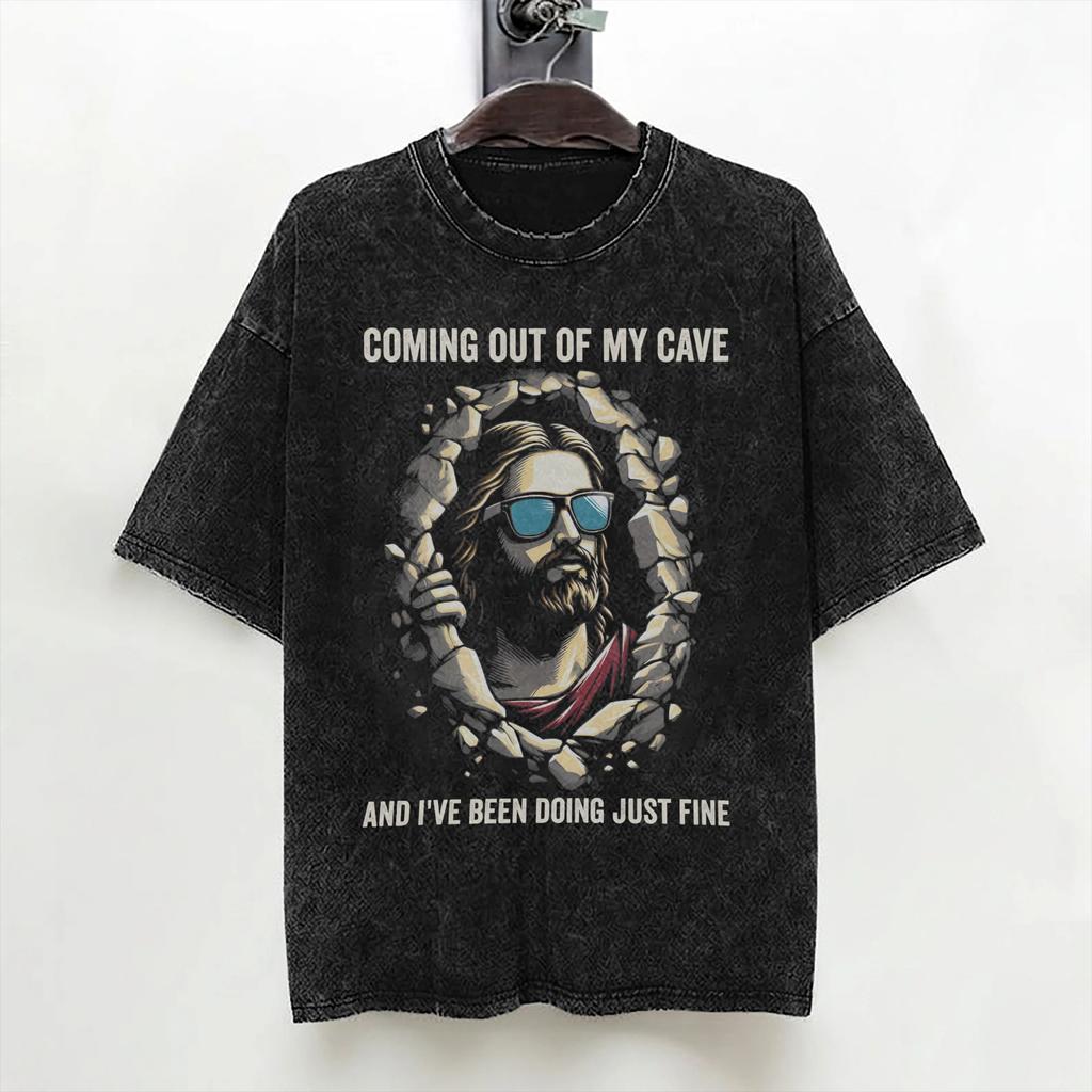 Jesus Coming Out Of My Cave Washed T Shirt Streetwear Hip Hop Casual Tshirt Tee Shirt Men Women 100 Cotton Oversize Summer