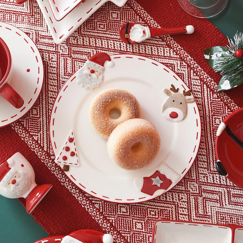 Nordic Christmas Tableware Set, Santa Embossed Ceramic Plates Bowls, Stitched Sealing Canister Collection