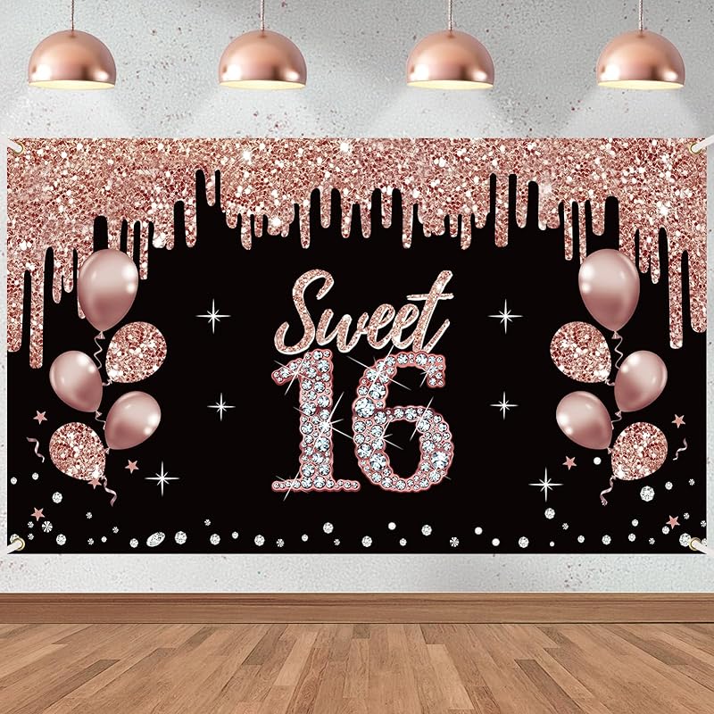 girl16Birthday Decoration Banner,Rose Gold Sweet 16 Birthday theme sign party supplies,16 Birthday background photo booth suitable for indoor and