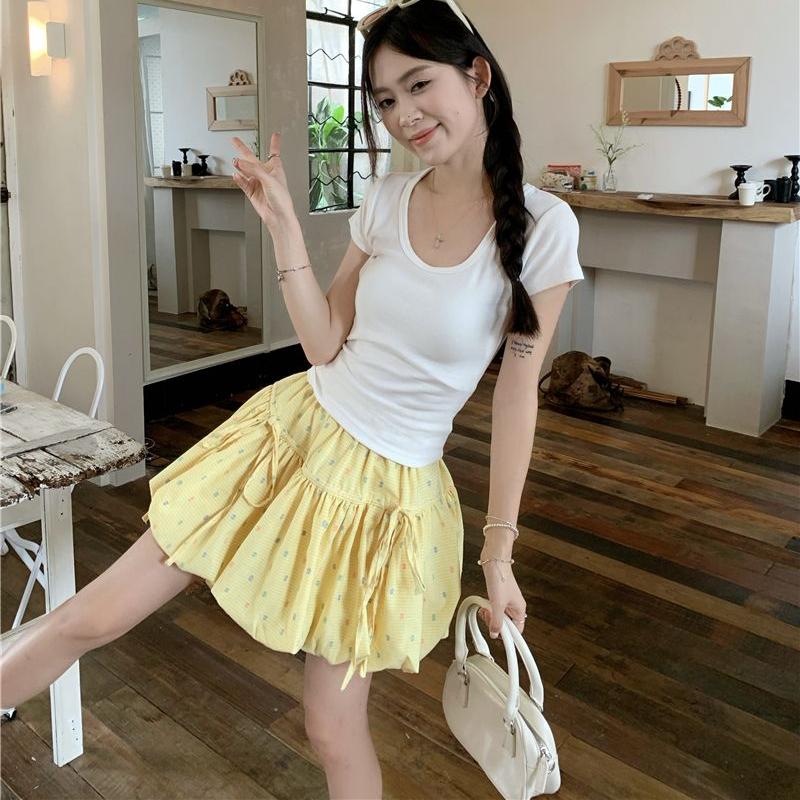 Sweet Polka Dot Floral Bow Tie Midi Skirt High Waist Anti-Sheer Puff A-Line Short Skirt