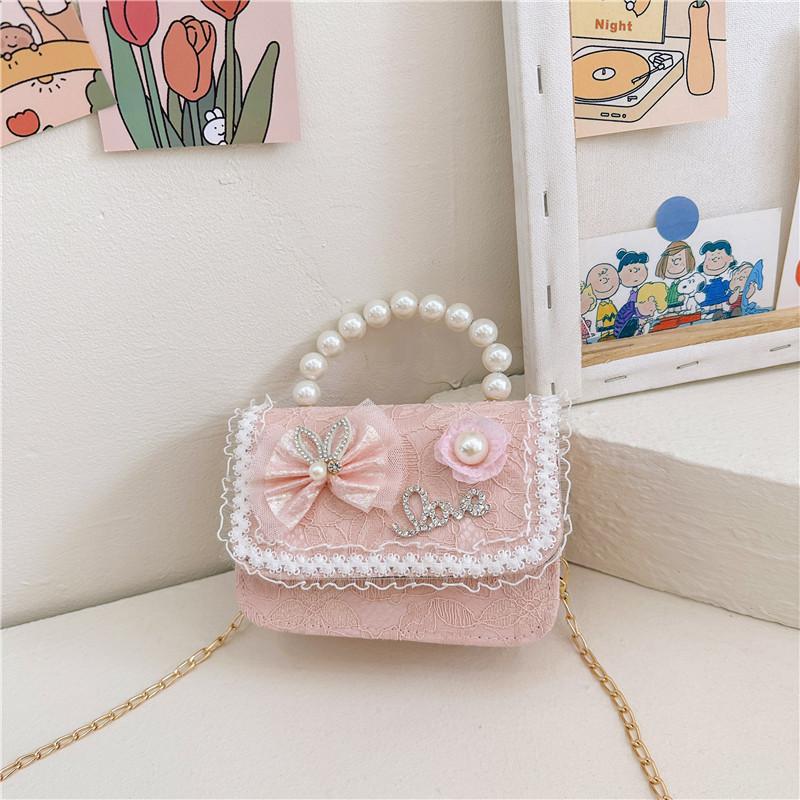 Stylish Lace Princess Mini Pearl Handheld Purse For Girls With Floral Patterns And Breathable Polyester
