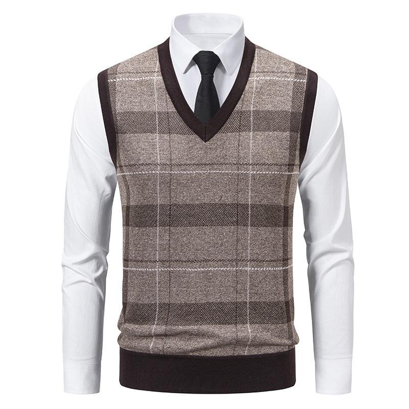 Men Thickened Fleece Plaid Loose Pullover Sleeveless Knit Sweater Vest
