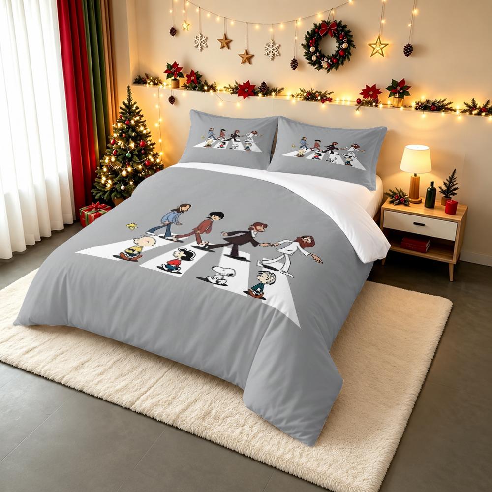 3 Piece Bedding Set Peanuts Snoopy Charlie Brown Abbey Road Beatles Parody Print Duvet Cover for Adult Fan Gift