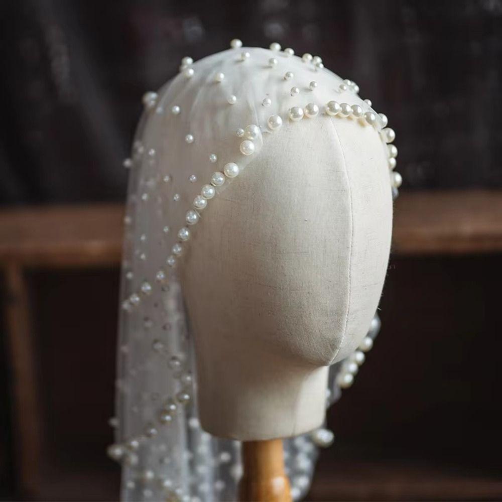 Short Brides Veil Pearls Beads Bride Head Gauze New Wedding Veils  Headpieces
