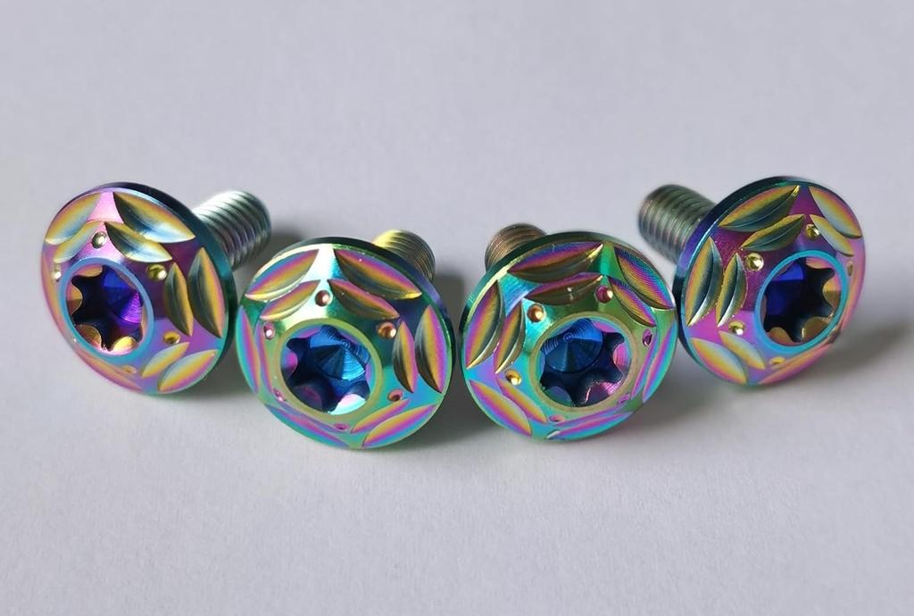 Kuroobaa Titanium Motorcycle License Plate Bolts M6x15mm Snowflake Design, Set of 2 (Rainbow)