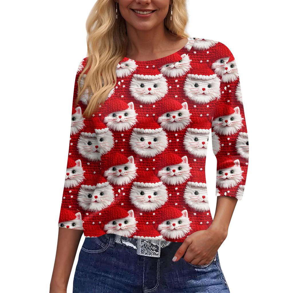 Dámská móda ležérní tričko s kulatým výstřihem, 3/4 rukávem, volným potištěným tričkem, dámský top