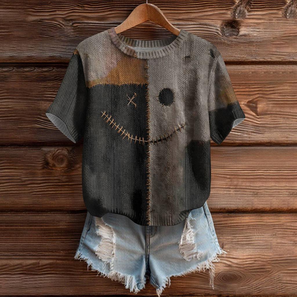 Women's Cute Sweater Knitted Fashion Casual Round-neck Short-sleeved  Cozy Print Top