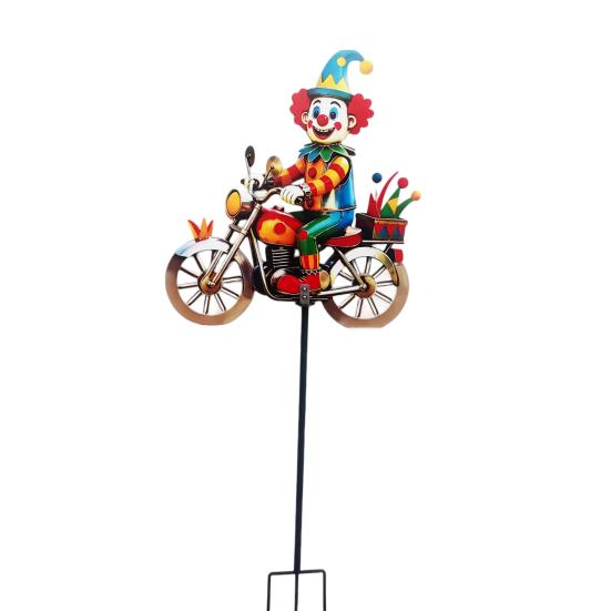 Spinning Clown Motorcycle Wind Spinner, Rotating Wheels Metal Kinetic Yard Art with Stake, Weatherproof Windmill Sculpture for Outdoor Lawn Patio