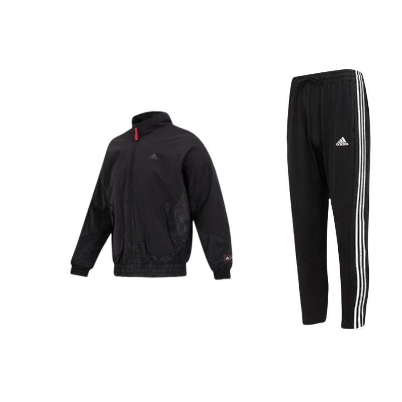 

Adidas Logo Stand Collar Long Sleeve Tapered Knit Pants Casual Sports Suit Men suit Black IC0044+HZ3037 S