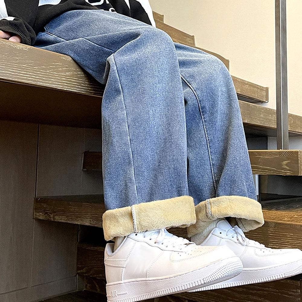 Plus Velvet Pánské zimní Y2K tlusté džíny džínové kalhoty se stahovací šňůrkou Vintage džíny pro muže streetwear Harajuku korejské zimní oblečení