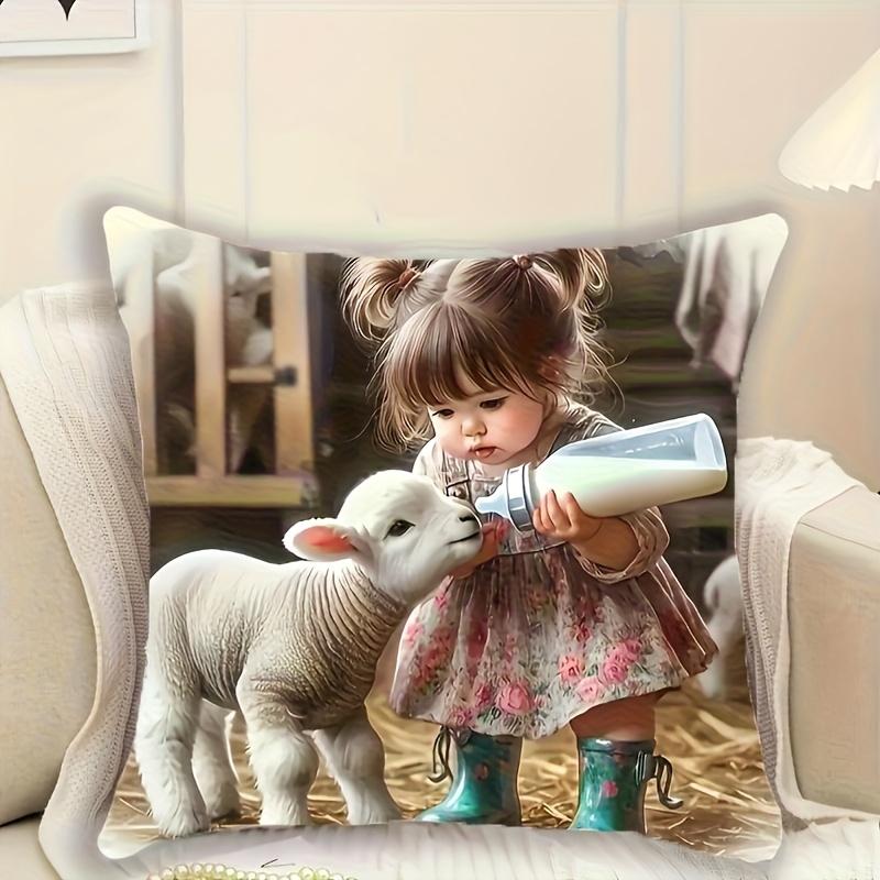 2D Flat- Rustic Farm Nursery Decor Pillow Cover Cute Little Girl Feeding Baby Lamb Throw Pillow Case for Home Sofa Bedroom