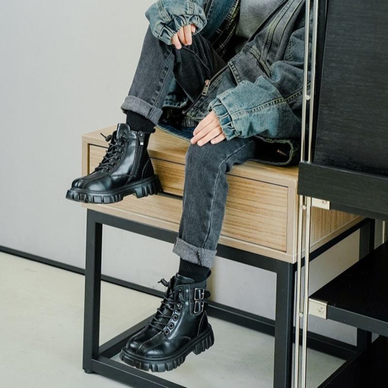 Boys' Fleece Cotton Boots Children's Non-slip British Style Cowhide Ankle Boots