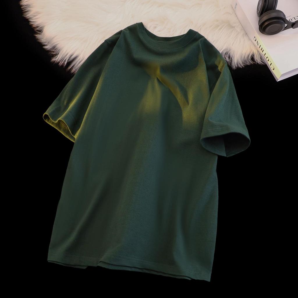 Unisex Japanese Retro Solid Color Round Neck T-Shirt, 300g Heavy Pure Cotton, Casual Short-Sleeve Design.