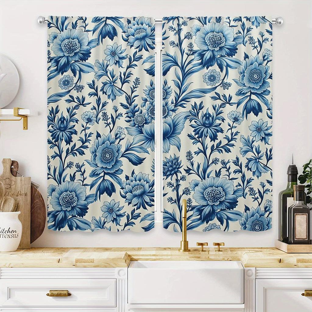 2pcs Blue Floral Print Curtains - Rod Pocket Semi-Sheer Window Drapes   Polyester Sateen Weave    Machine Washable