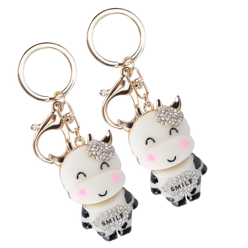 2Pcs Keychain Pendant Cartoon DiamondStudded Resin Small Cow Shape Metal Key   Decoration(White )